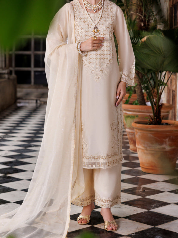 Off White Raw Silk Formal 3Pc Stitched - AL-3PS-LS-504