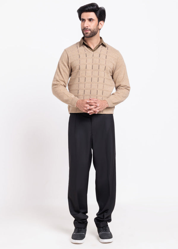 Wheat-V-Neck Full Sleeves Sweater (517-14)