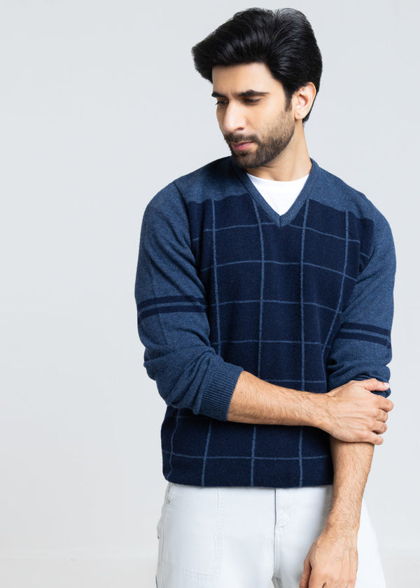 Dn-Blue-V-Neck Full Sleeves Sweater (522-14)