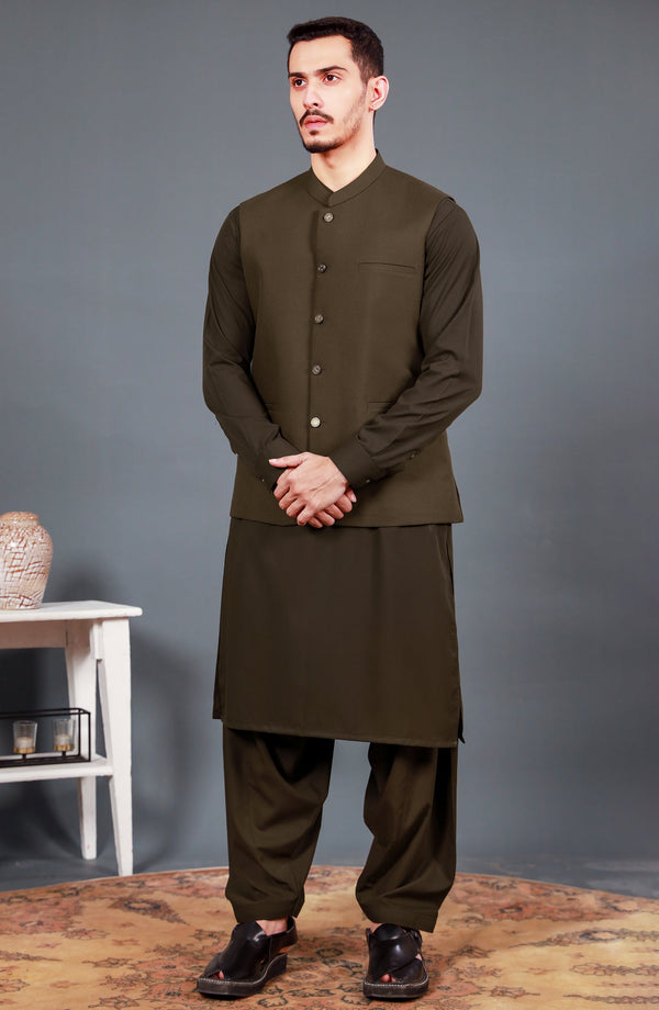 BROWN KAMEEZ SHALWAR WITH WAIST COAT