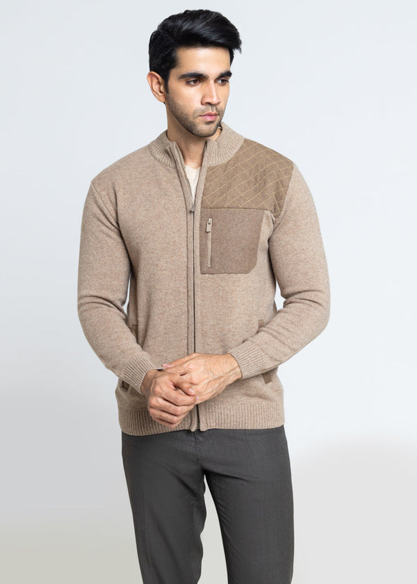M-Beige-Turtle Neck Zipper Full Sleeves Sweater (910-14)