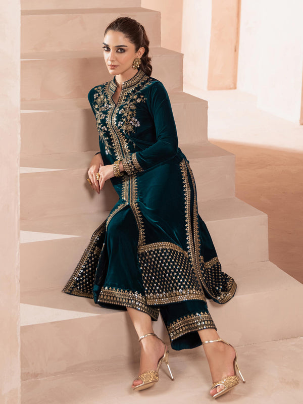 2 Piece Velvet Suit-Embroidered (Pret)