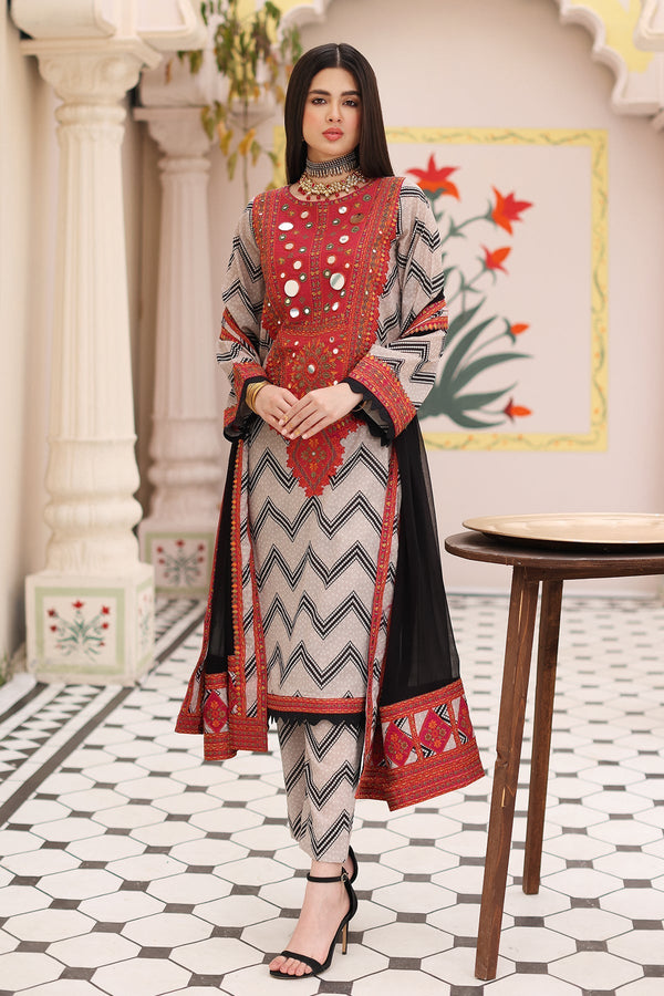 3-PC Embroidered Cotton Shirt with Chiffon Dupatta and Trouser CNP-4-09