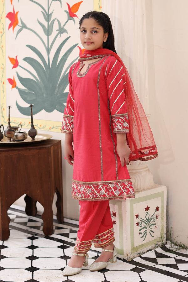 3-PC Embroidered Cotton Shirt with Organza Dupatta and KIDS-4-04