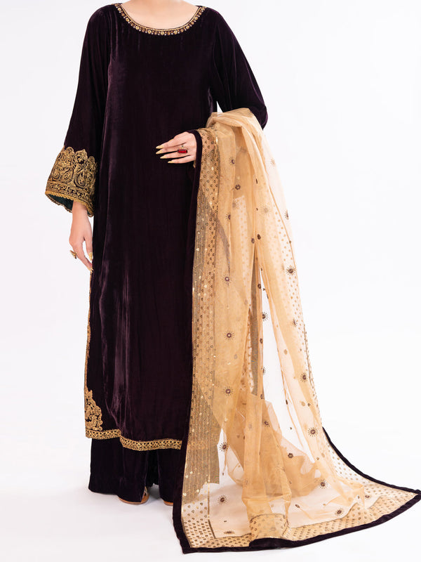 Maroon Velvet Formal 3Pc Stitched - AL-3PS-LS-560