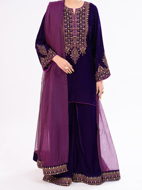 Purple Velvet Formal 3Pc Stitched - AL-3PS-LS-561