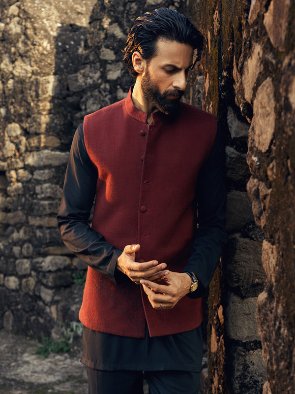 Black Maroon Formal Waistcoat - AL-WC-473