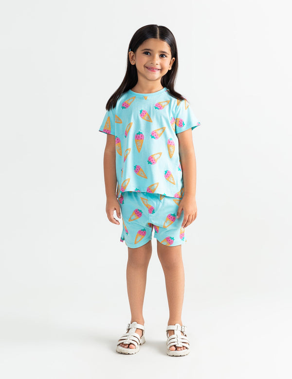 2 PIECE ALLOVER STRAWBERRY PRINTED SUIT