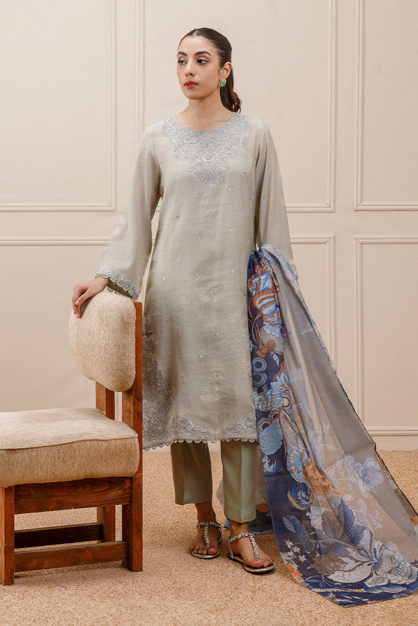 3 PIECE EMBROIDERED GOLD NET SUIT (PRET)