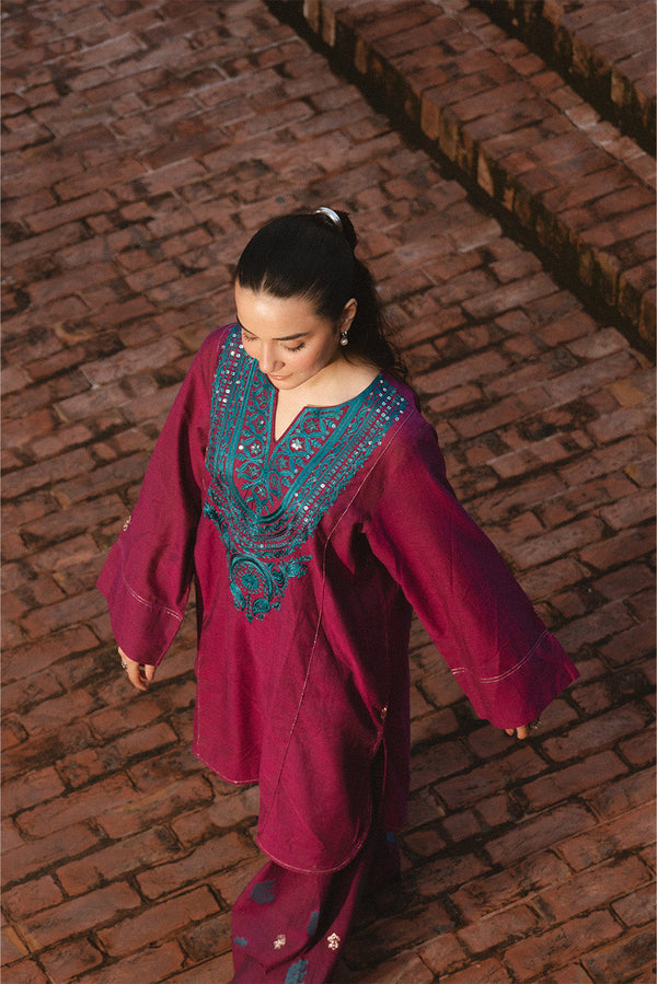 2 PIECE EMBROIDERED CHAMBRAY SUIT (PRET)