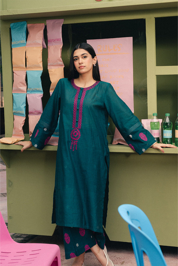 2 PIECE EMBROIDERED CHAMBRAY SUIT (PRET)