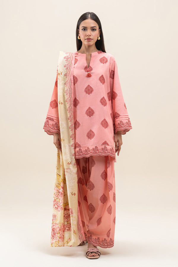 3 PIECE PRINTED LAWN SUIT-GLOOMY PEACH (UNSTITCHED)