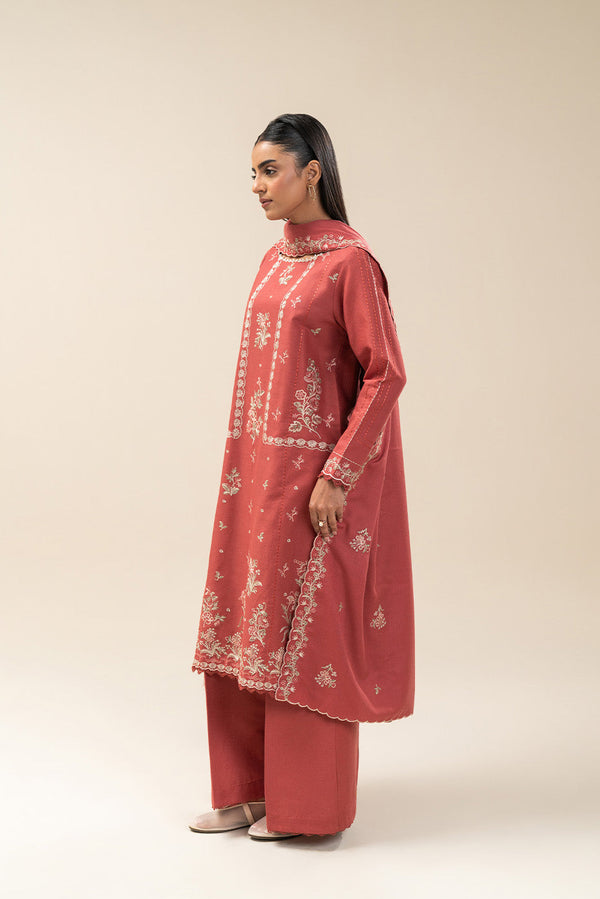 3 PIECE EMBROIDERED KHADDAR SUIT-CORAL GLEAM (UNSTITCHED)