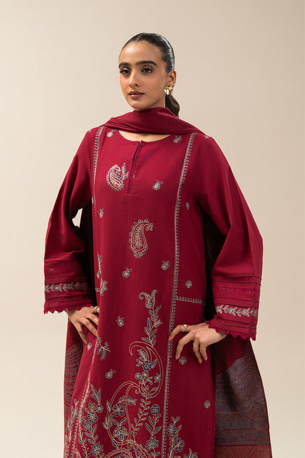 3 PIECE EMBROIDERED SLUB KHADDAR SUIT-GARNET GLAM (UNSTITCHED)
