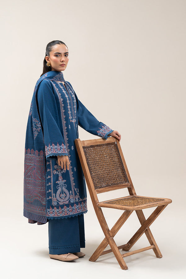 3 PIECE EMBROIDERED SLUB KHADDAR SUIT-COBALT BLISS (UNSTITCHED)