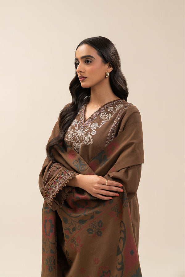 3 PIECE EMBROIDERED SLUB KHADDAR SUIT-SEPIA VERVE (UNSTITCHED)