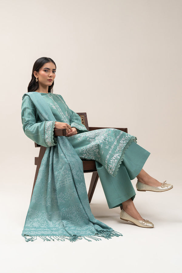 3 PIECE EMBROIDERED SLUB KHADDAR SUIT-MINT GLAM (UNSTITCHED)