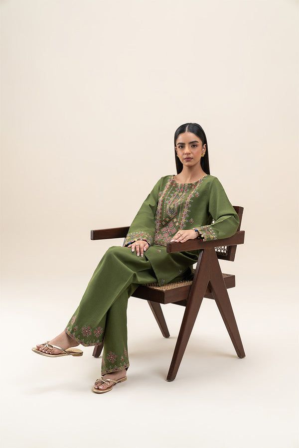 2 PIECE EMBROIDERED SLUB KHADDAR SUIT-BASIL MOSS