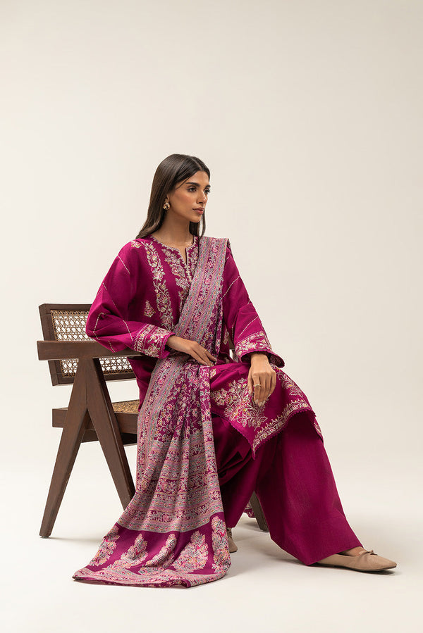 3 PIECE EMBROIDERED SLUB KHADDAR SUIT-VIVID CHERRY (UNSTITCHED)