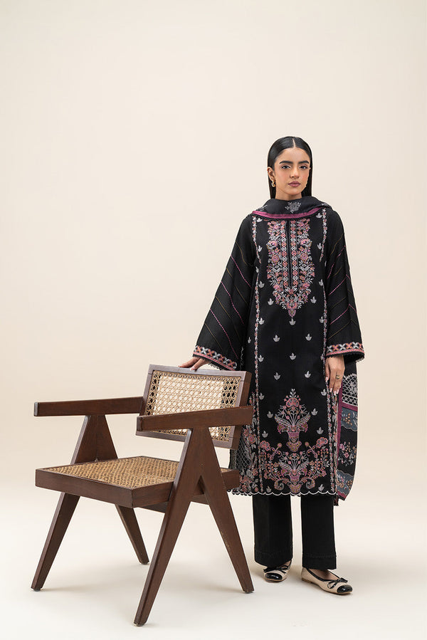 3 PIECE EMBROIDERED SLUB KHADDAR SUIT-OBSIDIAN GEM