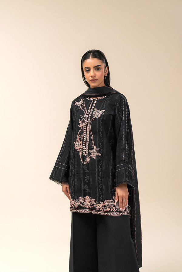 3 PIECE EMBROIDERED SLUB KHADDAR SUIT-SABLE CHARM (UNSTITCHED)