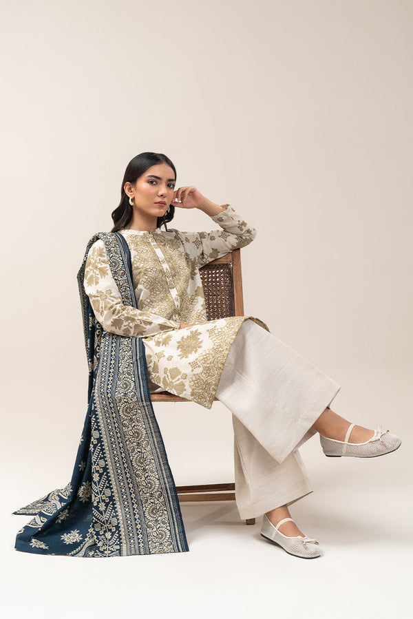 3 PIECE EMBROIDERED SLUB KHADDAR SUIT-IVORY DREAM (UNSTITCHED)