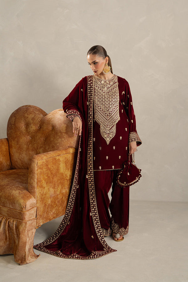 3 PIECE EMBROIDERED VELVET SUIT-GARNET BLISS (UNSTITCHED)