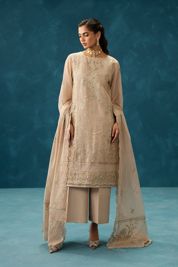 4 PIECE EMBROIDERED COTTON NET SUIT-FEATHER BEIGE (UNSTITCHED)