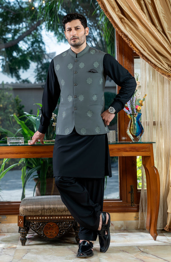 DARK GREY EMBROIDERED BLENDED WAISTCOAT