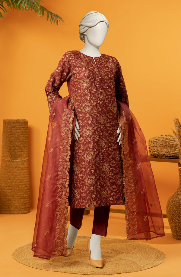 RAW SILK EMBROIDERED STITCHED 3 PIECE