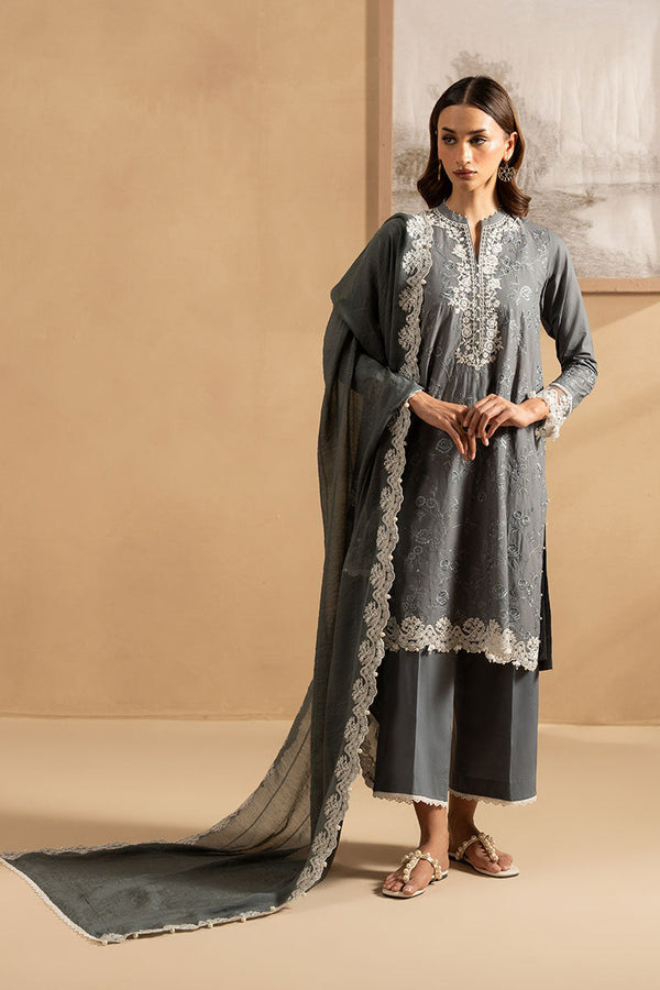 SOFT GRAPHITE- 3PC EMBROIDERED LAWN SUIT