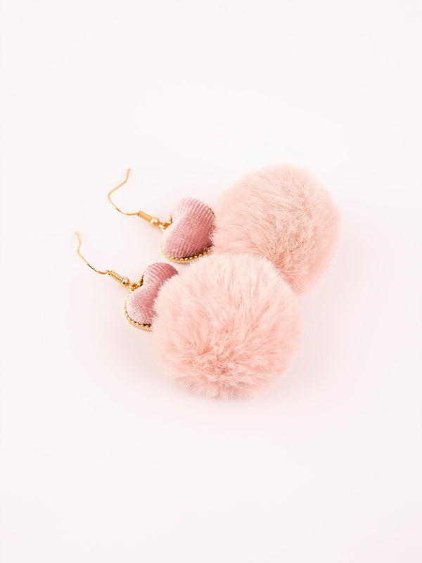 Heart Pompom Drop Earrings