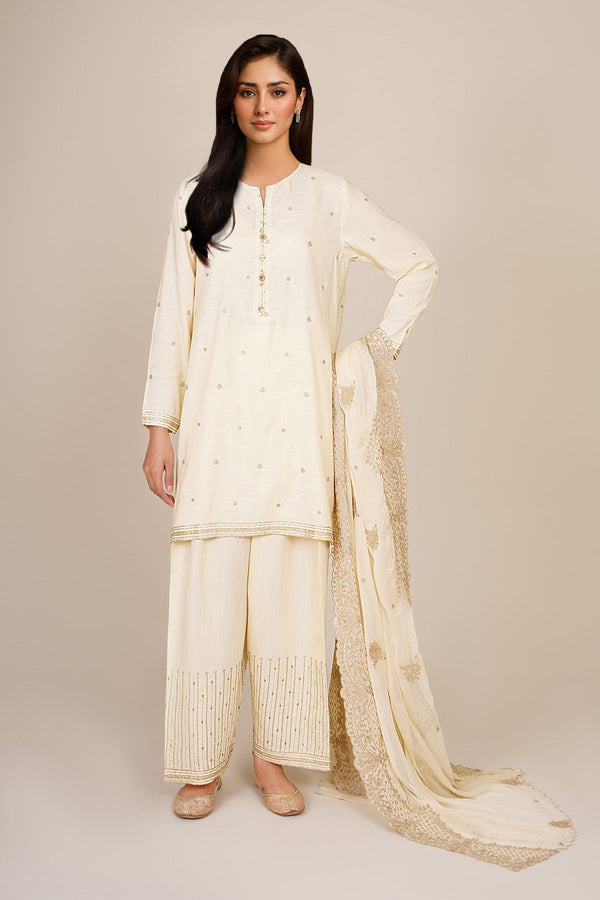 3 Piece - Embroidered & Embellished Raw Silk Suit - KPS25-P3192