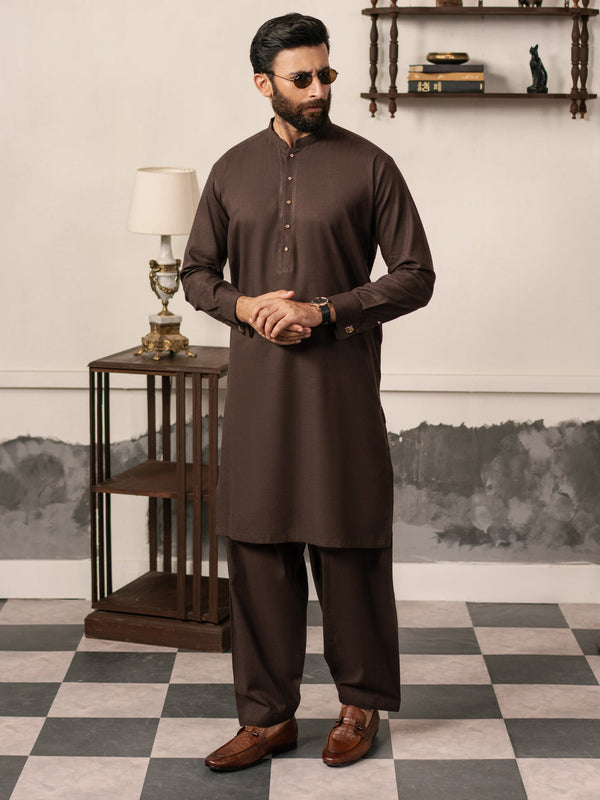 Dark Brown Blended Kameez Shalwar - AL-KS-3186
