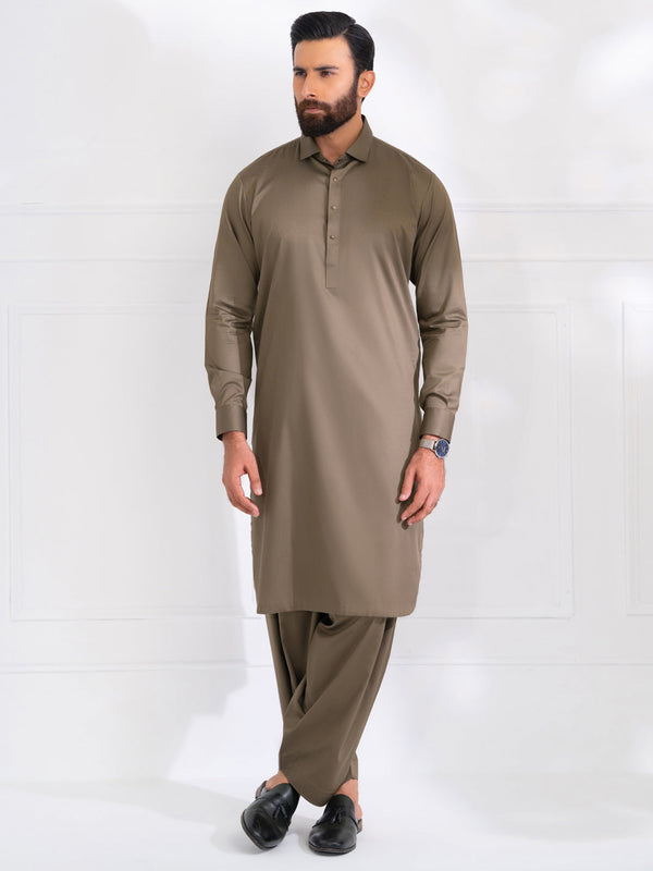 Olive Green Cotton Kameez Shalwar - ALWA-KS-537