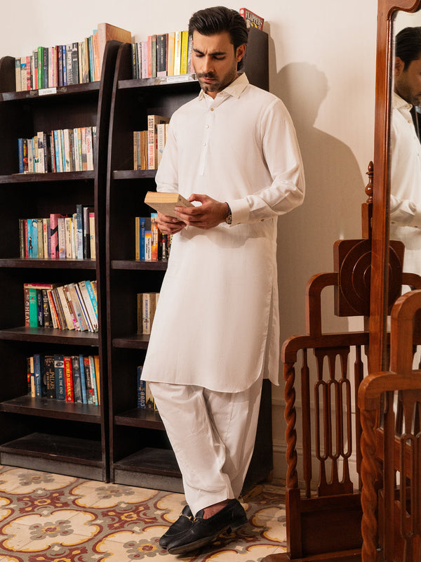 White Cotton Kameez Shalwar - ALWA-KS-554