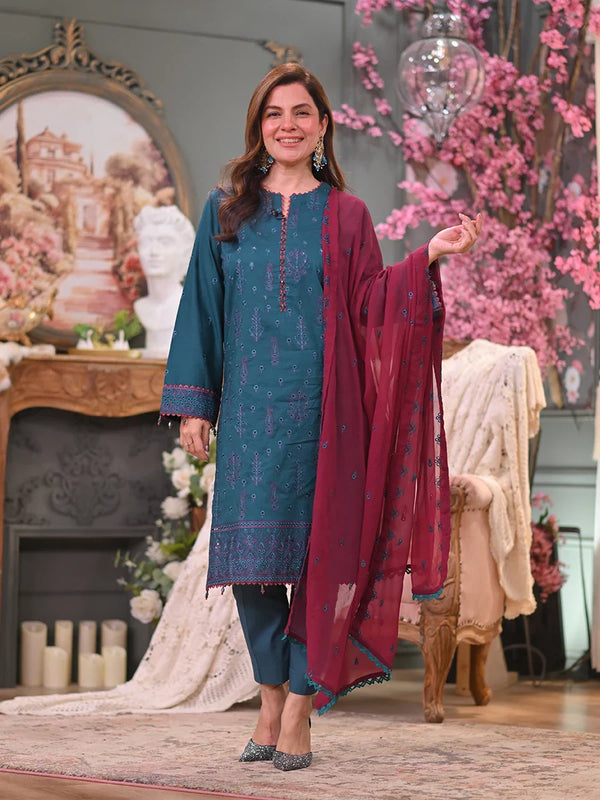 3PC UNSTITCHED CHIKANKARI EMBROIDERED LAWN SUIT