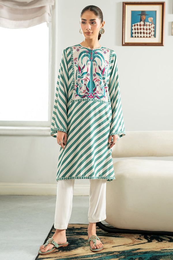 TEAL STRIPE LINEN PRINTED SHIRT