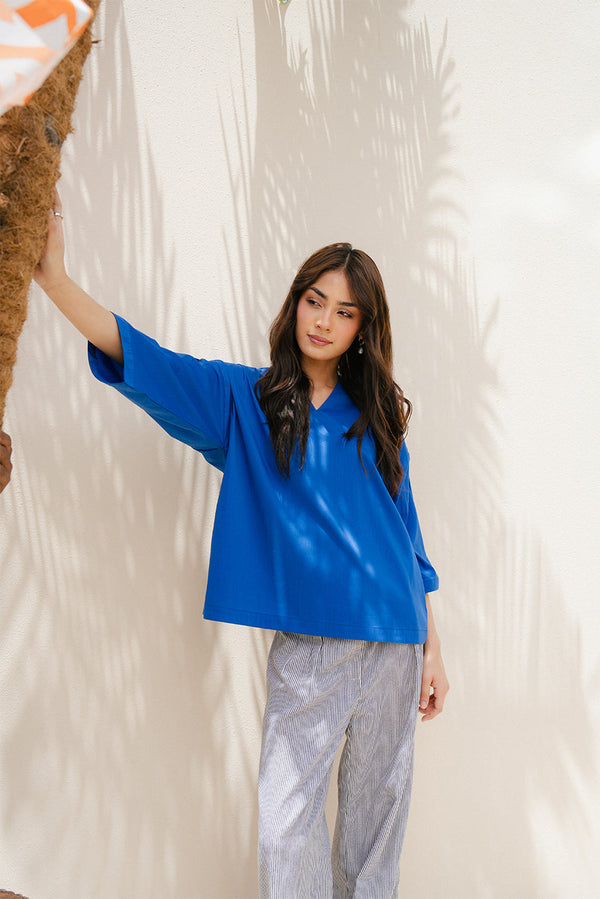 BLUE V NECK BOXY TOP