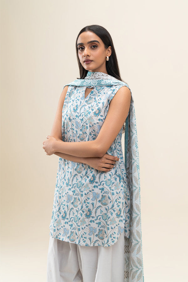 2 PIECE PRINTED LAWN SUIT-AQUATIC BLOOM (UNSTITCHED)