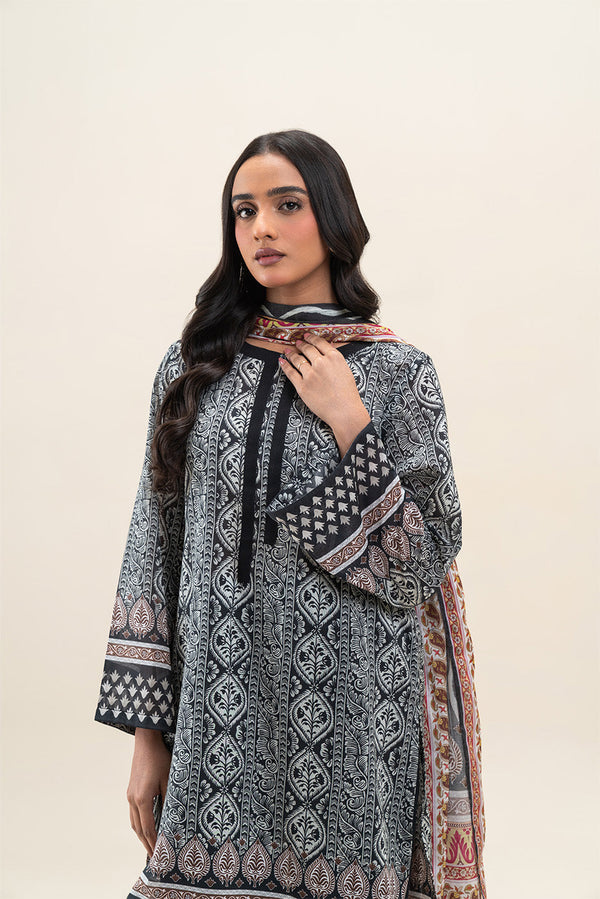 3 PIECE PRINTED LAWN SUIT-RAVEN MESH (UNSTITCHED)