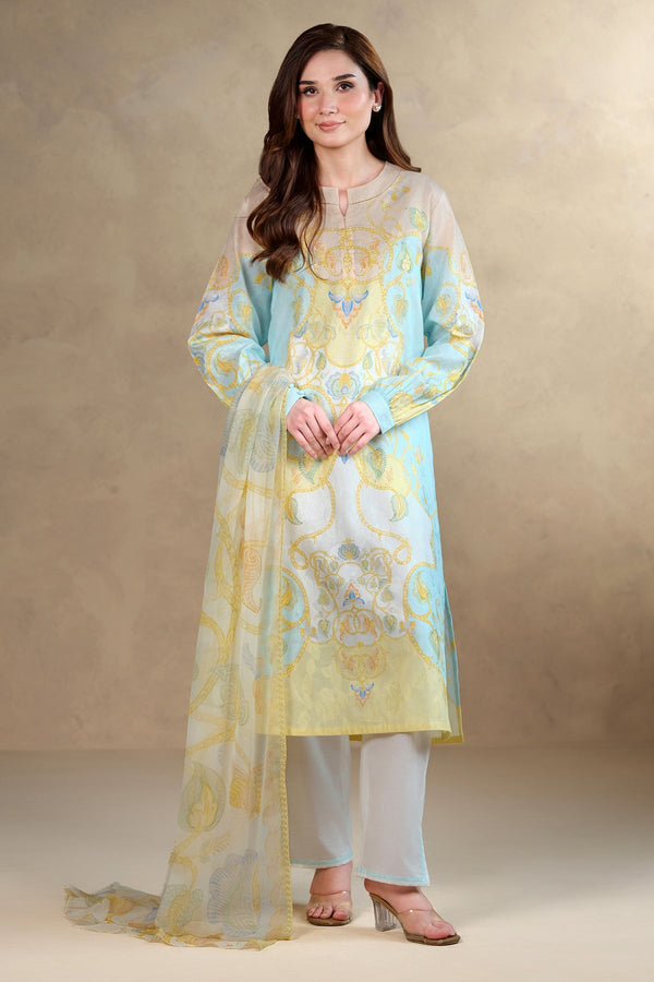 3 Piece - Printed & Embroidered Suit - MC1804