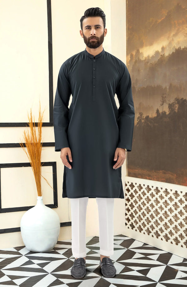 SUMMER'25 MEN KURTA EMBROIDERED DARK GREY