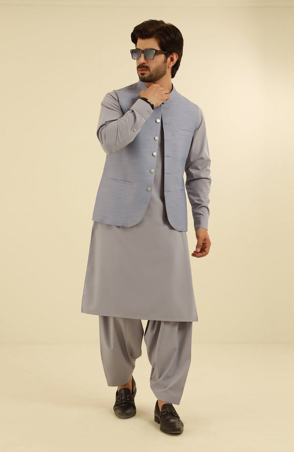 LIGHT BLUE KAMEEZ SHALWAR WITH WAIST COAT