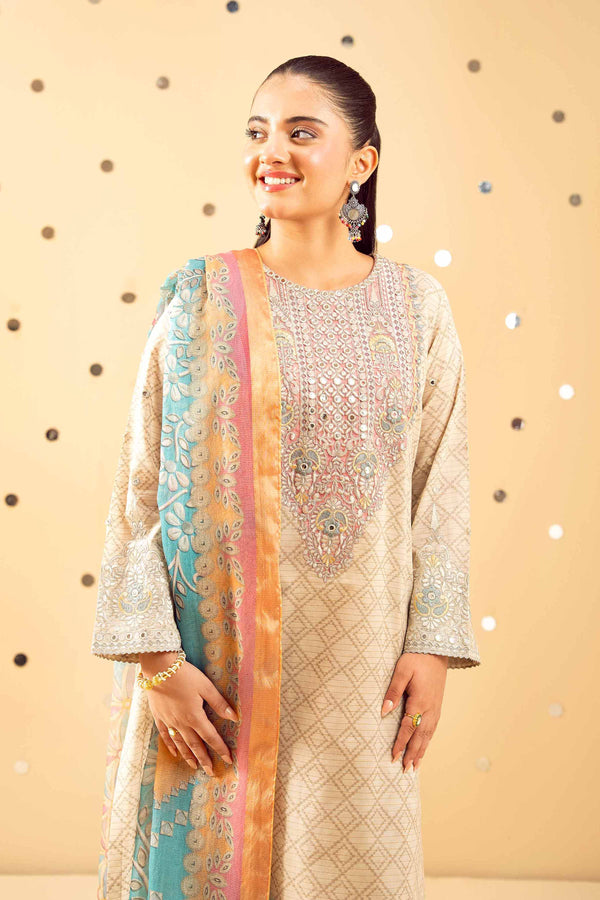 3 Piece - Printed Embroidered Suit - PE25-489