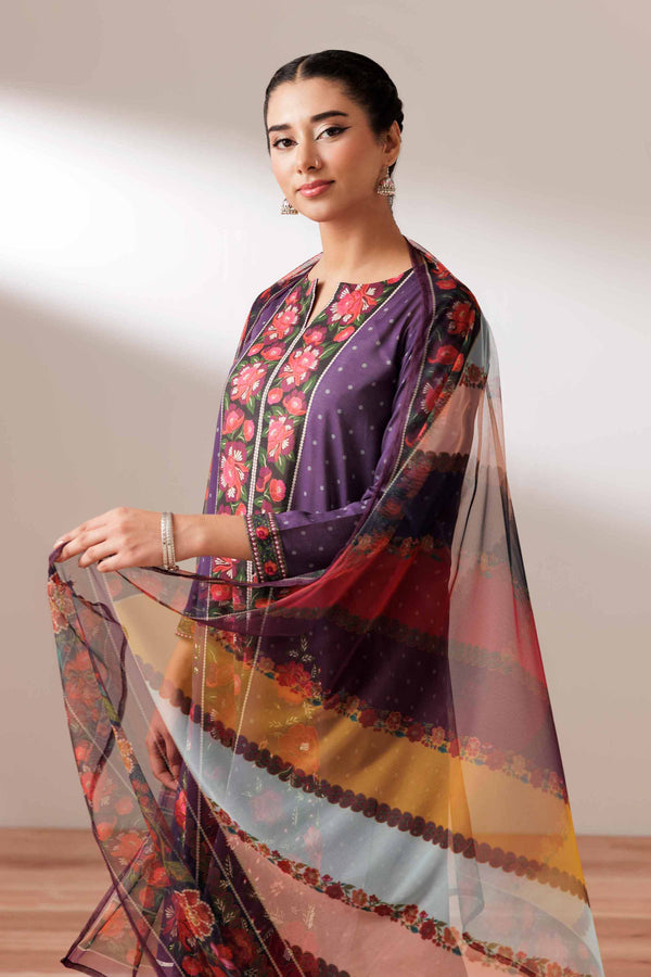 3 Piece - Printed Embroidered Suit - PS25-245