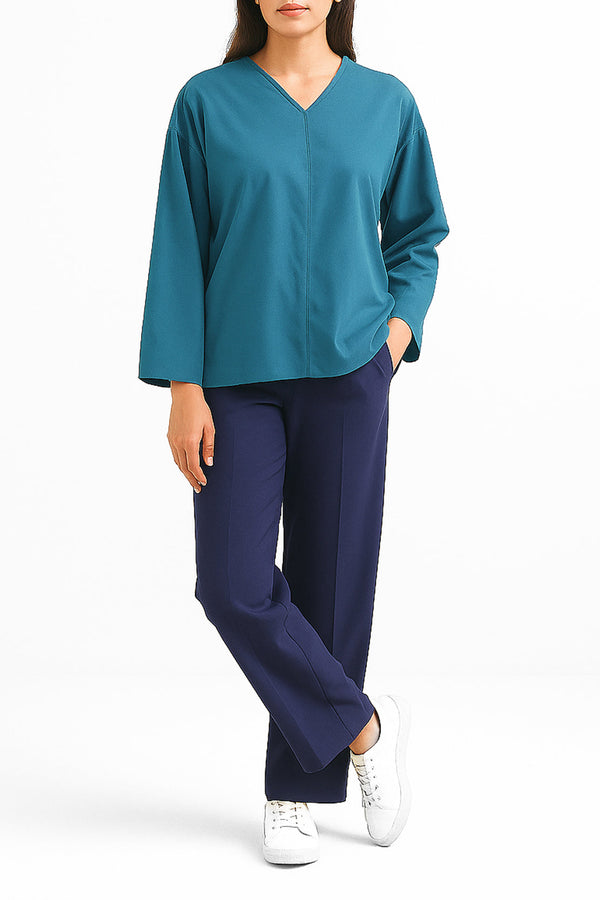 V-Neck Wide Sleeve Crepe Top