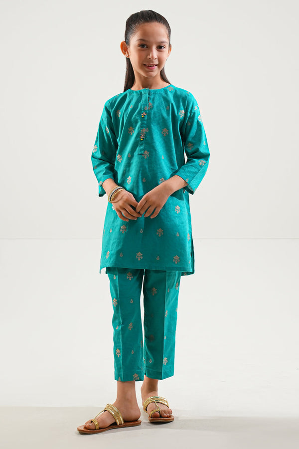 Stitched Cotton Jacquard Shirt/trouser For Kids