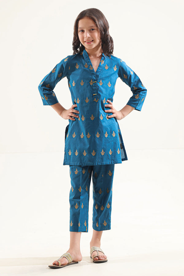 Stitched Cotton Jacquard Shirt/trouser For Kids