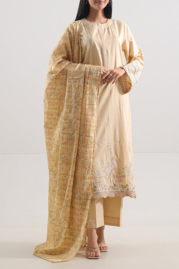 Solid  Embroidered Cambric Stitched 3 Piece